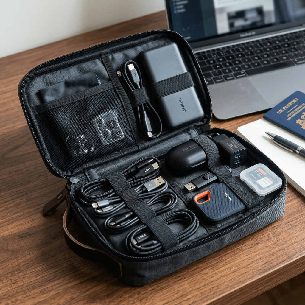 Open electronics travel organizer with cables, power bank, chargers, and memory cards