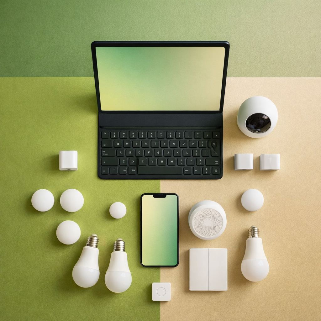 A flat lay arrangement of a laptop with a blank screen, a smartphone, smart light bulbs, and various smart home devices on colored backgrounds of green and beige.