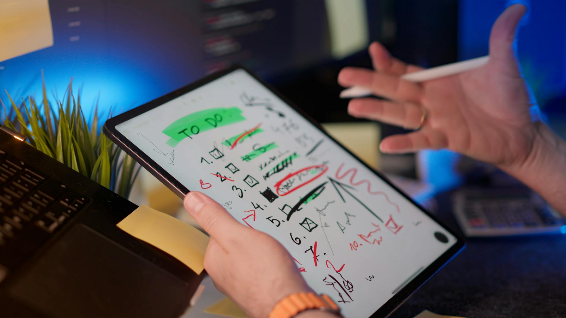 A person holding a tablet displaying a colorful 'To Do' list with handwritten notes and checkboxes, in a workspace setting with a laptop and green plant.